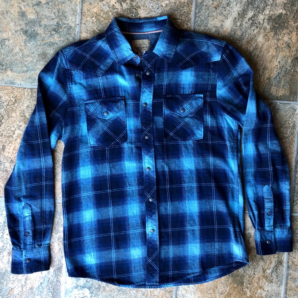 Blue flannel pearl snap shirt. Roebuck and Co.